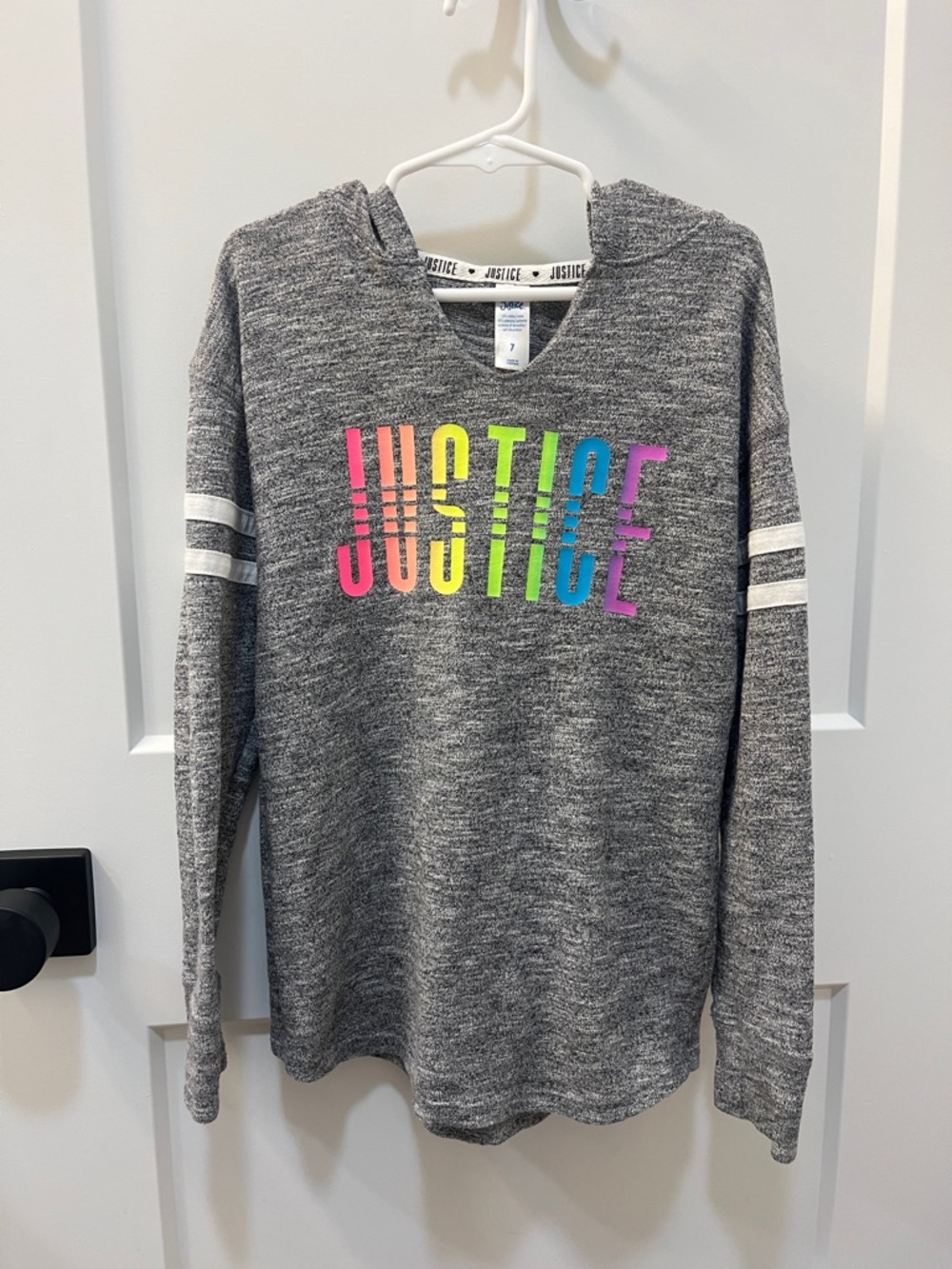 Justice Heather Gray Light Weight Hooded Knit Pullover Rainbow Lettering, size 7